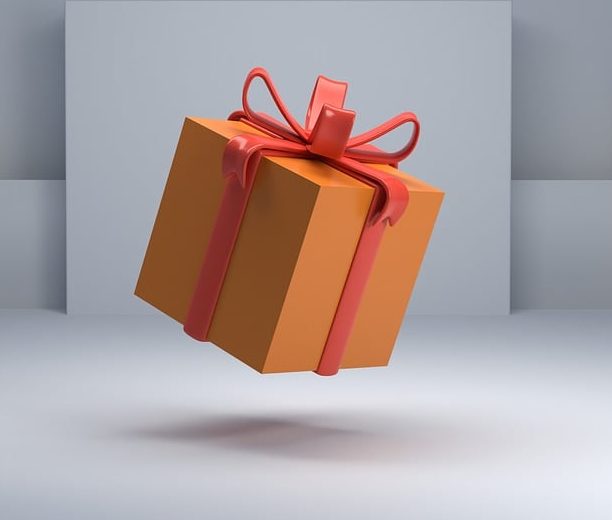 Brown gift box with a red ribbon, floating against a grey background.