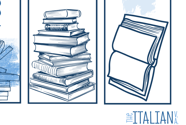 A stack of books with a slightly open book beside it, illustrated in blue outline.
