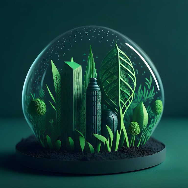 A green-tinted glass dome containing a miniature urban landscape with plants and buildings.